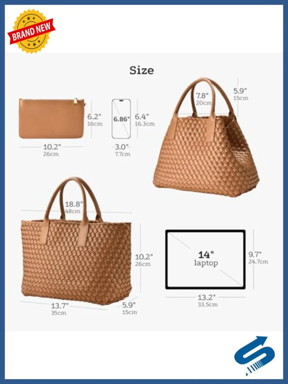 Woven Vegan Leather Tote Bag for Women, Satchel Handbag with Pouch, Fits 14